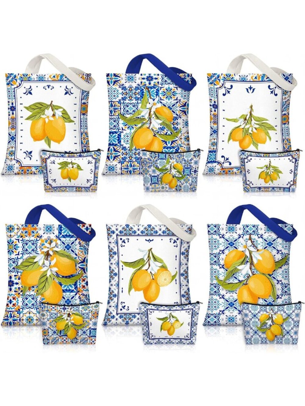 12 Pcs Lemon Print Canvas Bags Set - Handbag & Makeup Bag for Summer Travel